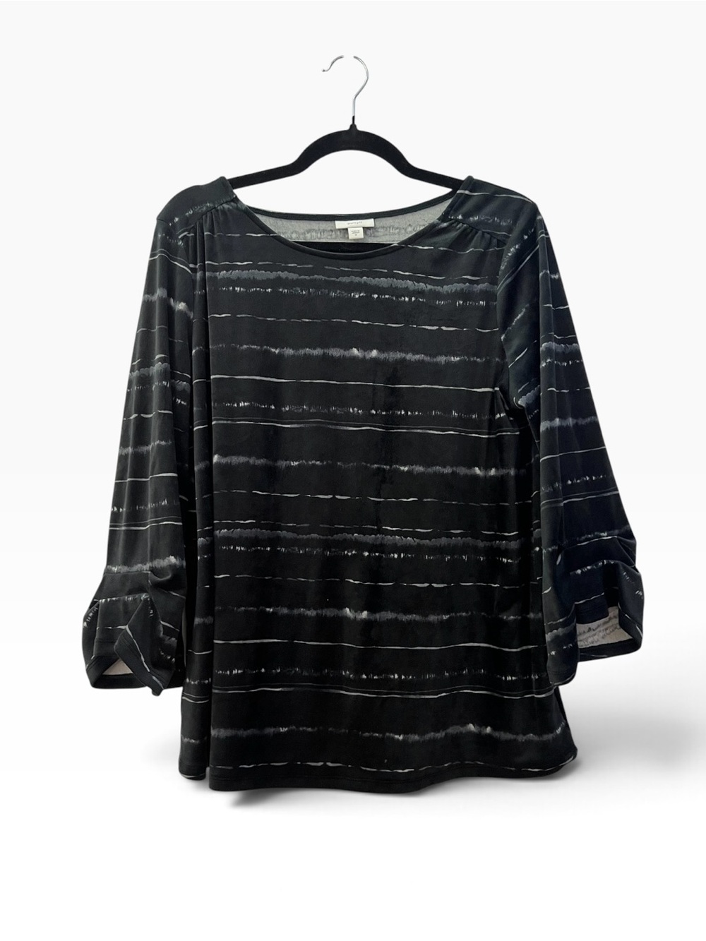 J. Jill Pure Jill Black Gray Chalk Stripe SuperSoft Velour 3/4 Sleeve Top Size M
